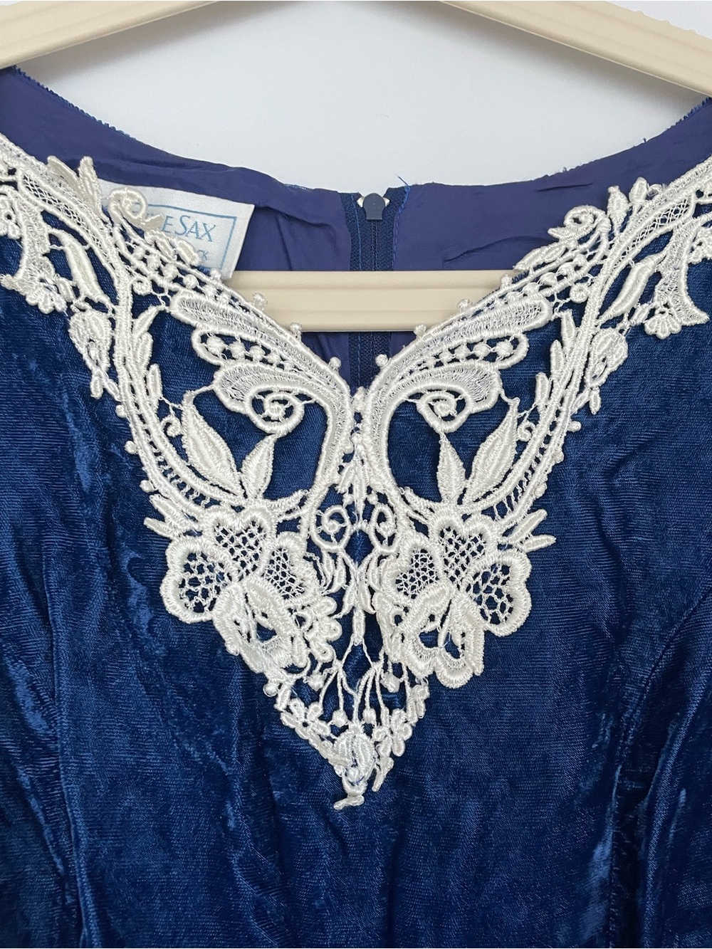 Gunne Sax Blue Velvet Dress with Lace Trim - Picture 3 of 5